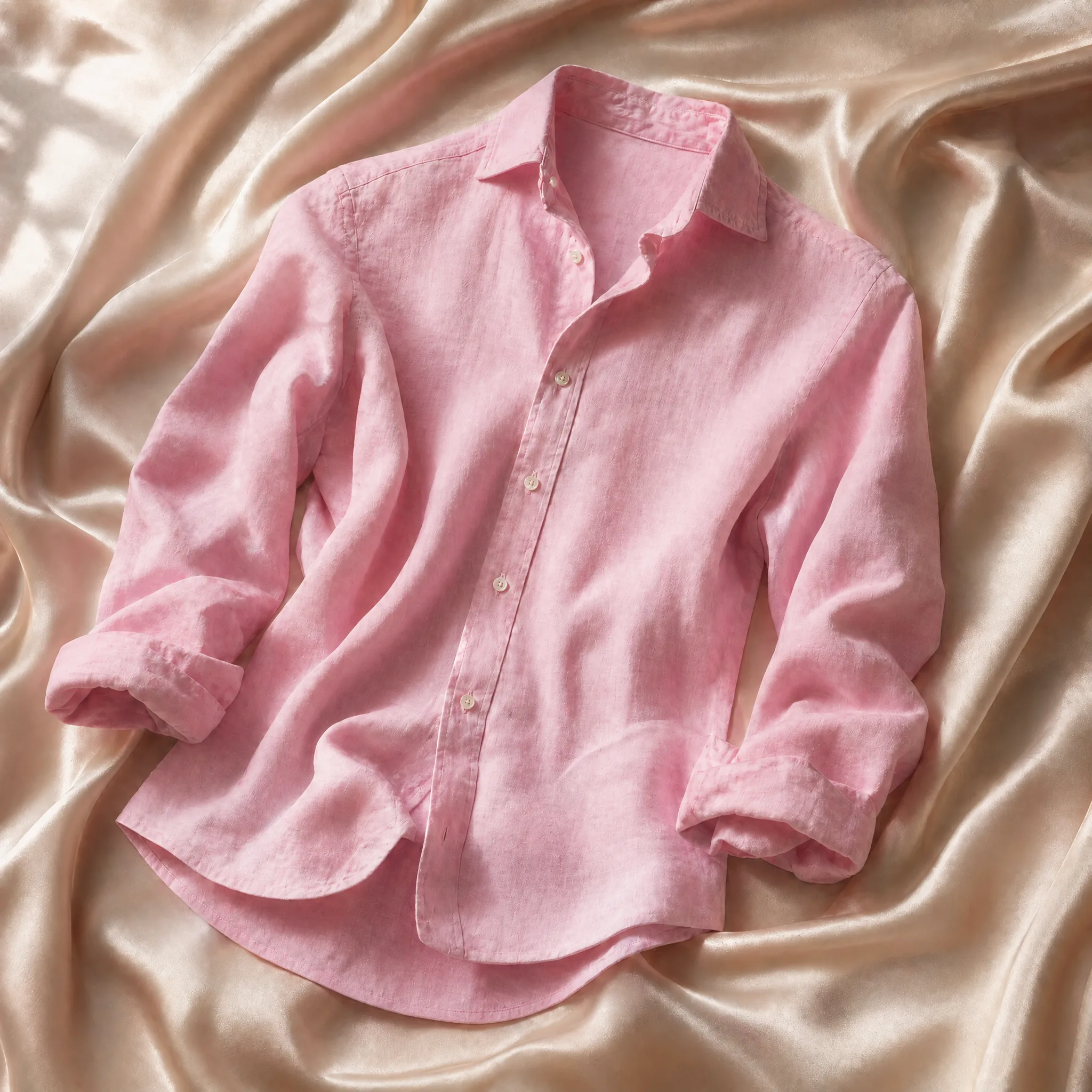 Chemise lin rose en flat lay sur soie champagne