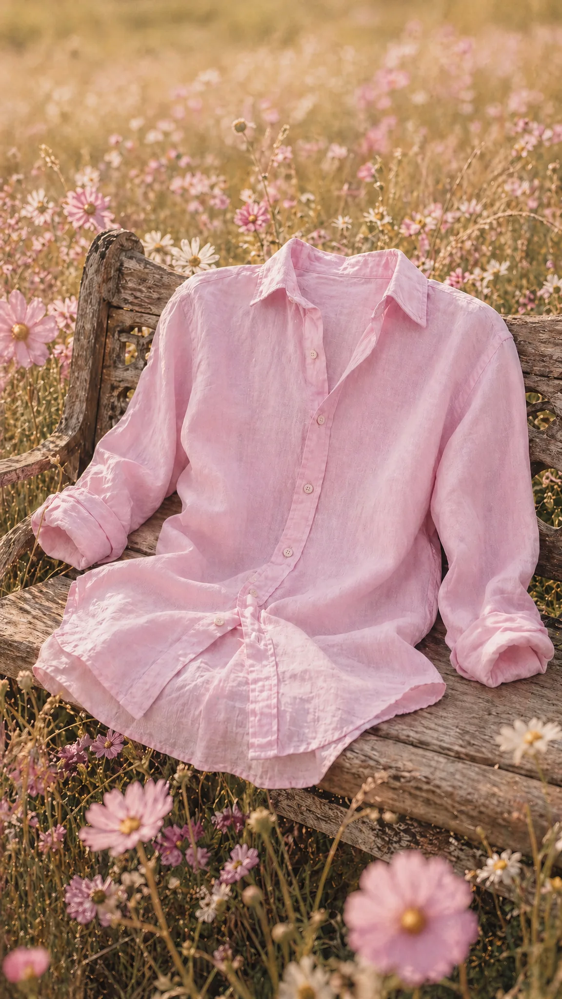 Chemise lin rose sur banc en bois dans champ de cosmos roses