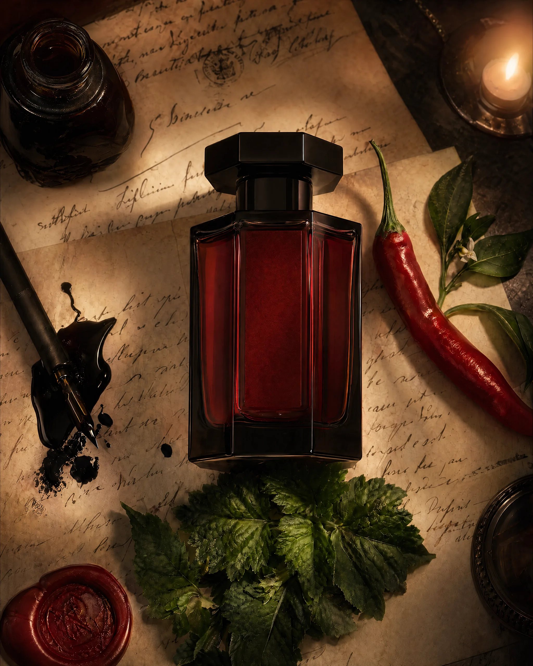 Flacon L'Amant sur lettres d'amour manuscrites avec encrier, plume, piment rouge, patchouli, sceau de cire