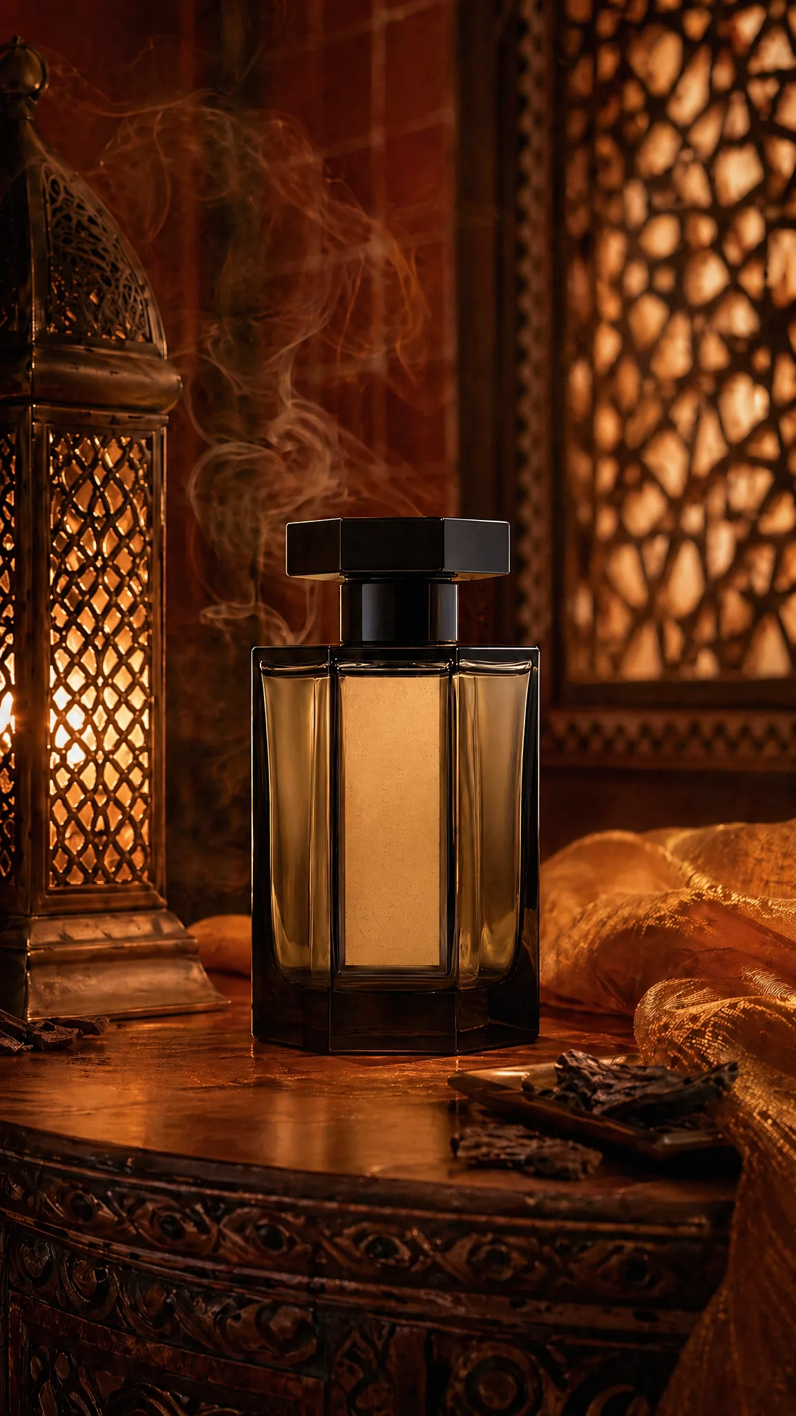 Flacon Ode à l'Oudh dans riad de Marrakech, mashrabiya en bois, lanterne en laiton, fumée d'encens