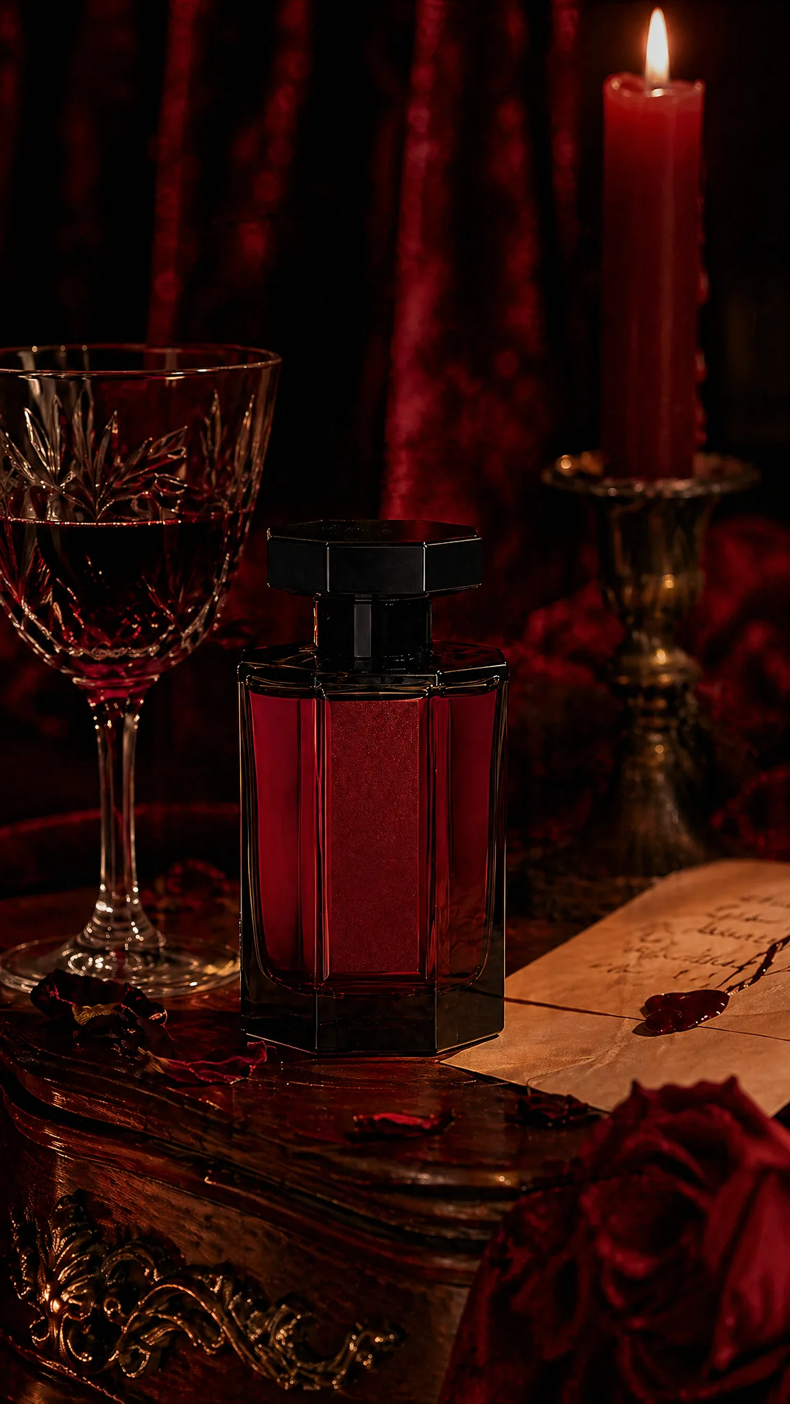 Flacon L'Amant rouge crimson dans boudoir parisien à minuit, velours bordeaux, bougie rouge consumée, verre de vin rouge