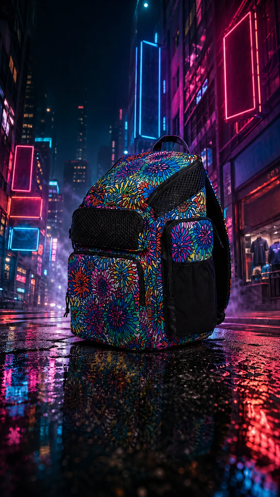 Sac sur rue mouillée à Tokyo de nuit, néons roses et cyans
