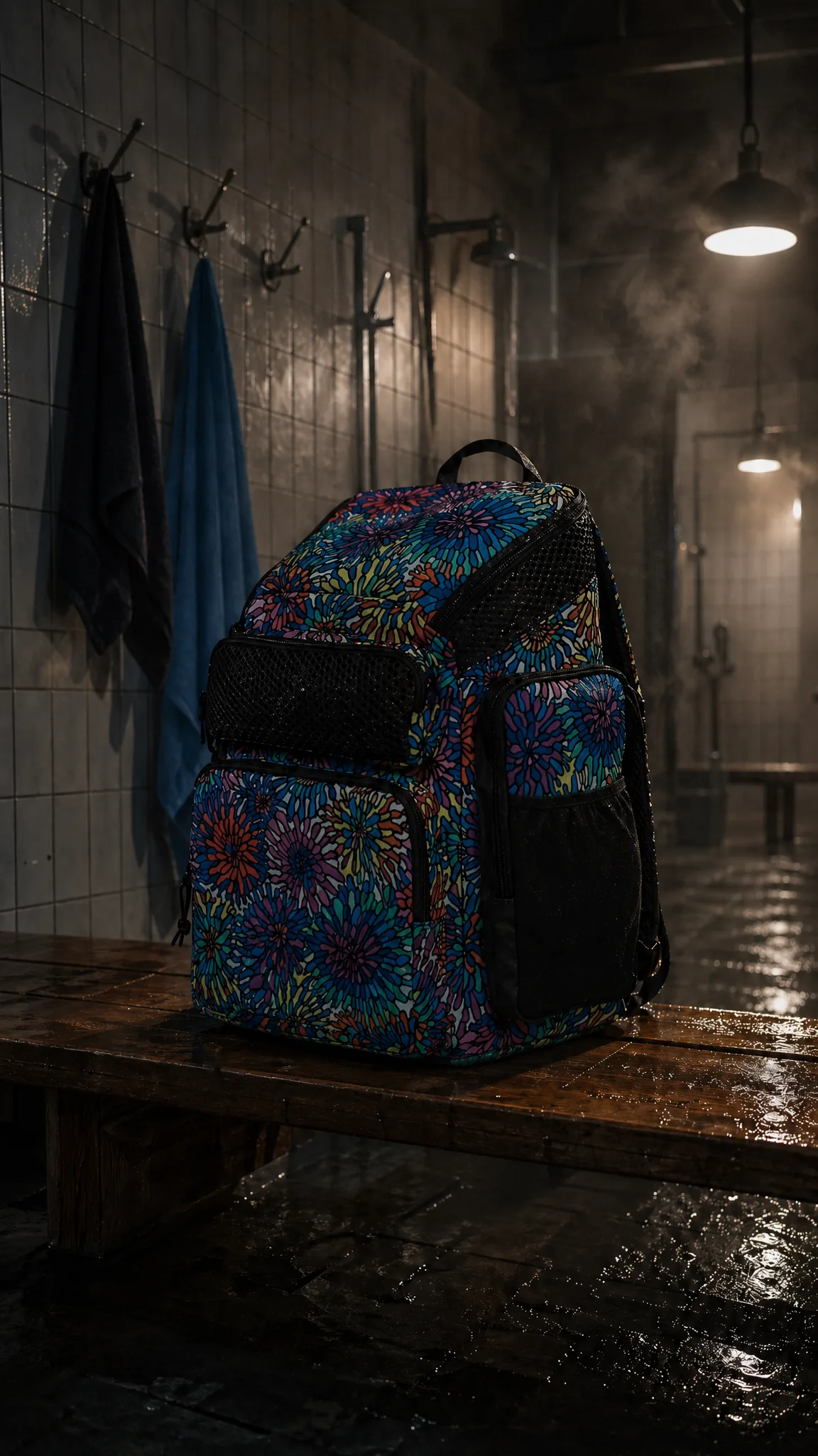 Sac sur banc en bois humide dans vestiaire carrelé, vapeur
