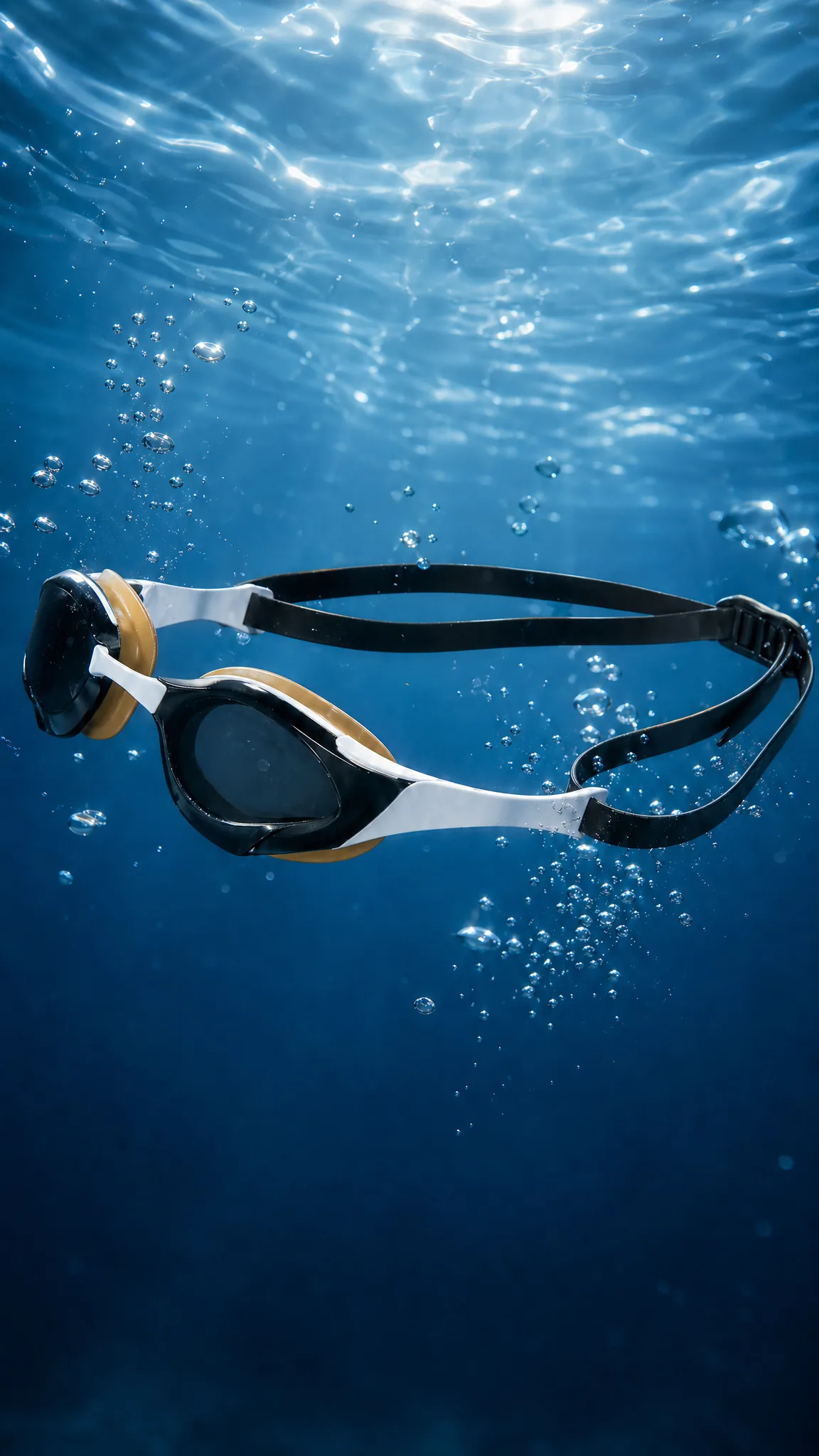 Lunettes en suspension dans bleu profond, caustiques solaires, bulles
